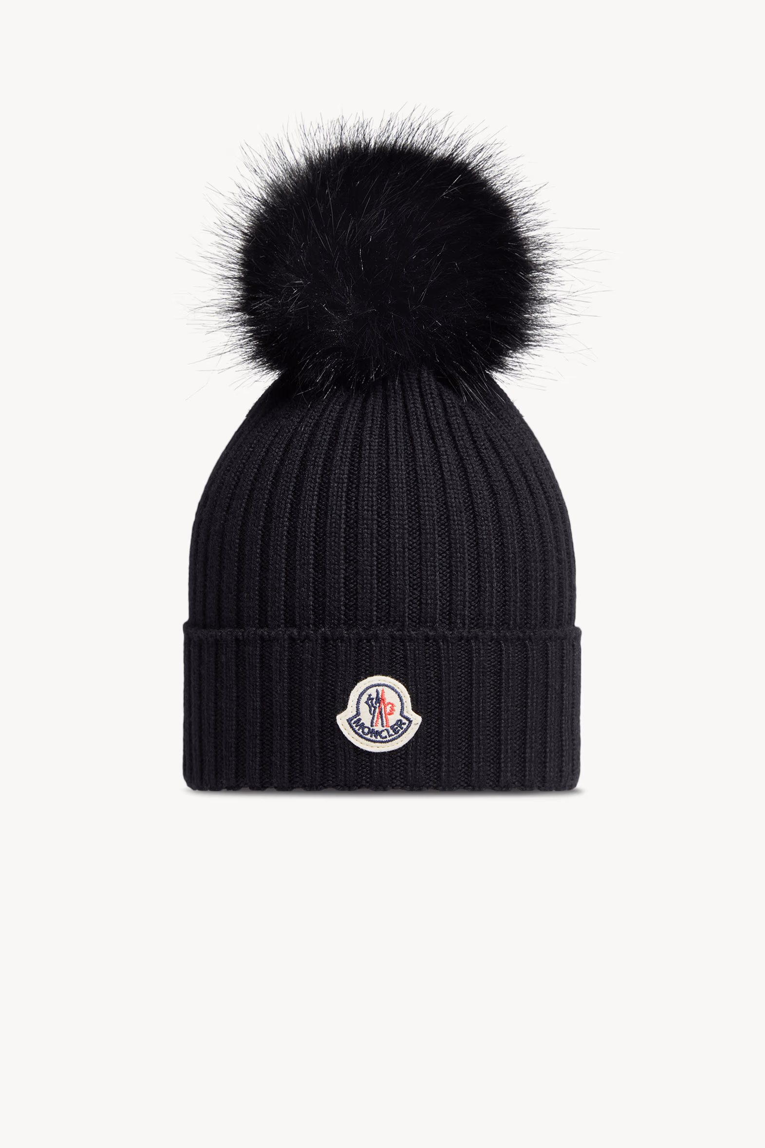 Wool Beanie with Faux Fur Pom Pom Girl Black Moncler 0